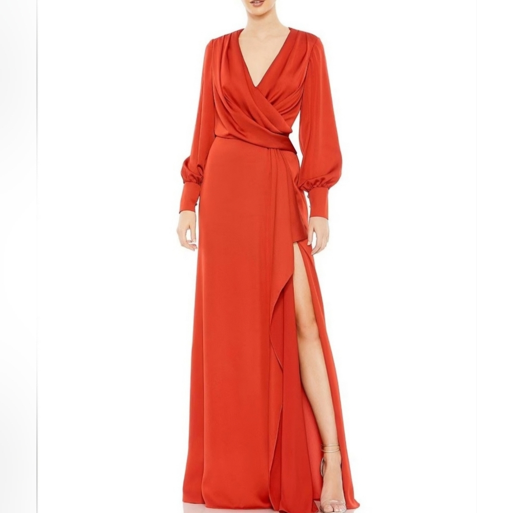 Mac Duggal Red Faux Wrap Gown with Bishop Sleeves